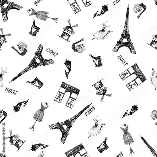 Fototapeta Seamless pattern of sketch style France themed objects. Vector illustration isolated on white background.