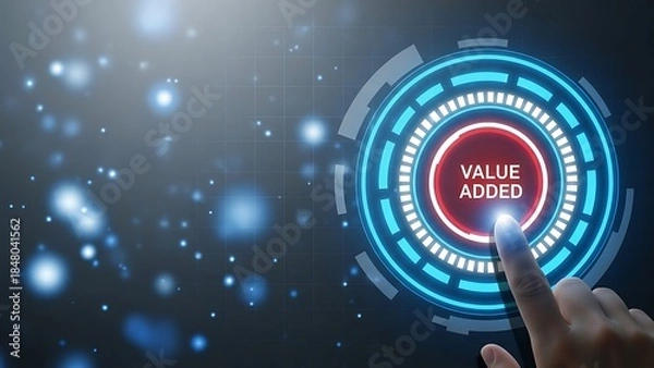 Fototapeta A futuristic hand interacting with a glowing blue and red circular interface with the words value added on a dark background