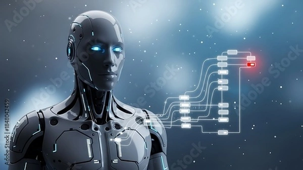 Fototapeta Cybernetic humanoid robot with glowing blue eyes in futuristic environment with digital display