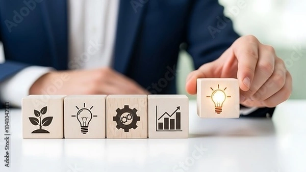 Fototapeta Businessman placing a wooden block with a lightbulb and upward arrow symbolizing innovative growth and strategy in a professional setting