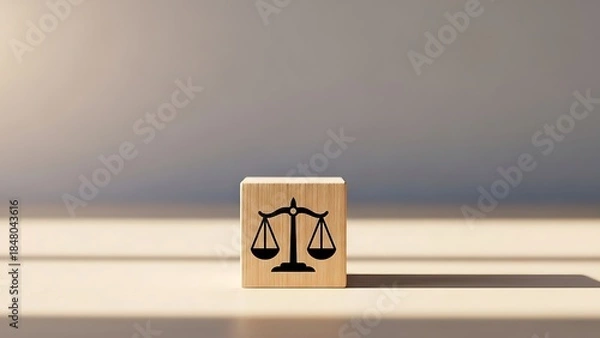 Fototapeta A small wooden stamp with a black scale symbol on a white surface with a blurred background and dramatic lighting effects