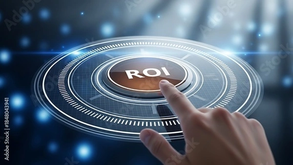 Fototapeta A person interacting with a futuristic roi button on a digital interface with a glowing effect