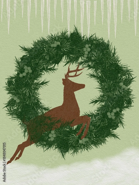 Fototapeta Reindeer jumping through Christmas wreath