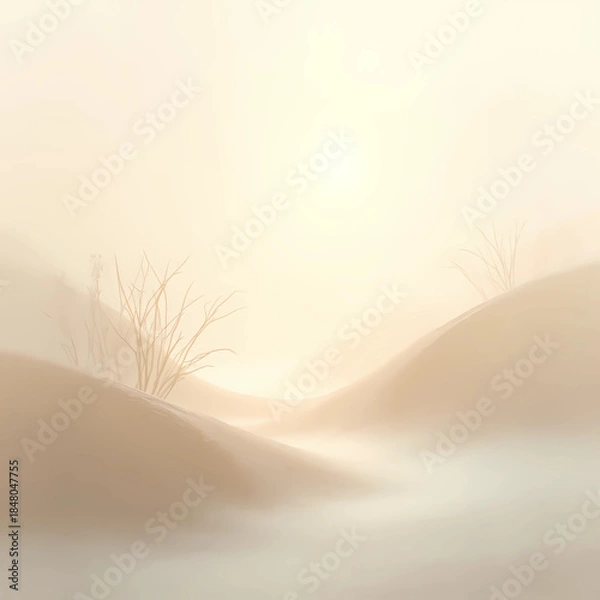 Fototapeta Misty landscape with gentle hills and sparse trees at sunrise  