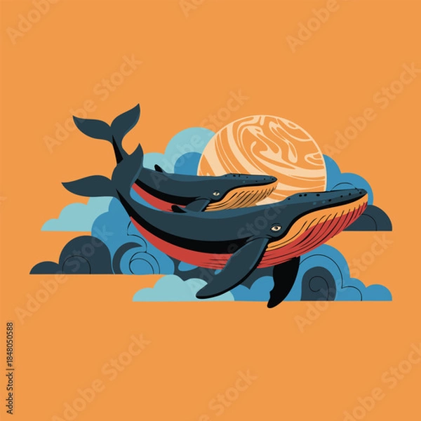 Fototapeta Playful whale carrying a globe illustration.