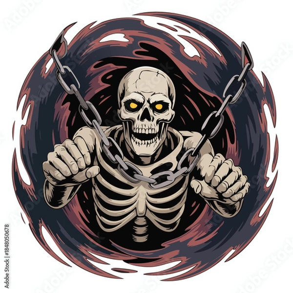 Fototapeta Skeleton Gripping Chains In Circular Dark Aura.