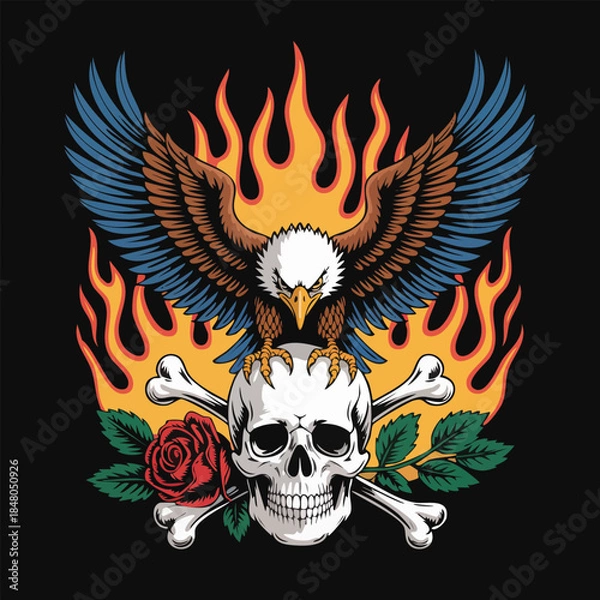 Fototapeta Tattoo Style Skull with Flaming Wings Eagle and Rose.