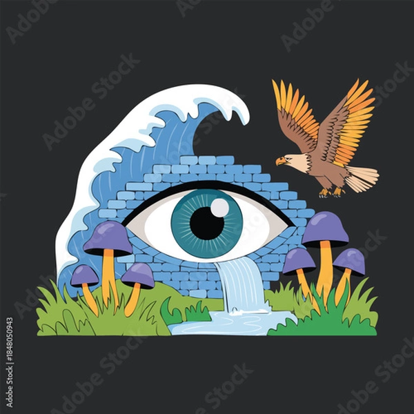 Fototapeta Surreal Eye Sculpture Featuring Waterfall Bricks.