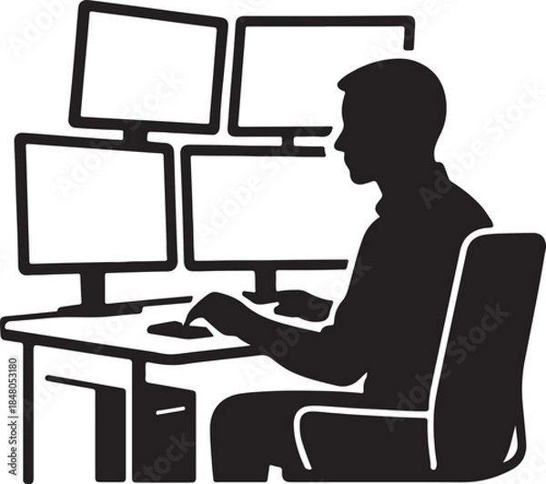 Obraz Silhouetted professional focused on multiple computer monitors in a workstation setup