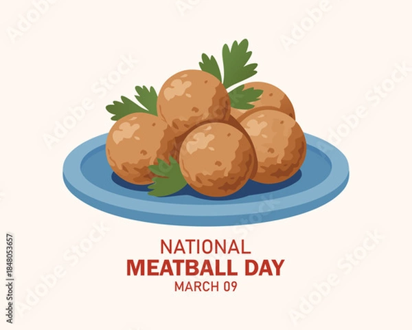 Fototapeta National Meatball Day vector. Meatballs with parsley on a plate icon vector. Meatball Day Poster, March 9. Important day