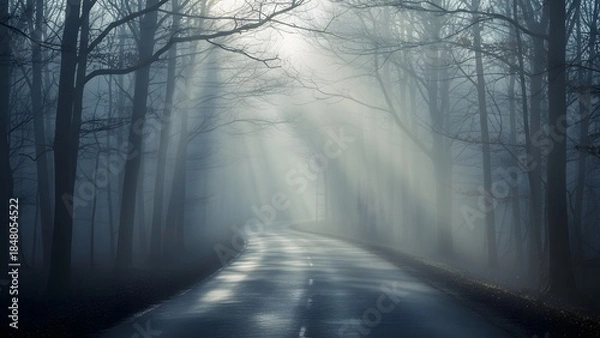 Obraz Misty forest road with sunbeams shining through trees on a foggy day