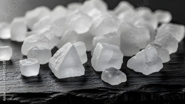 Obraz A collection of rough white crystals on a dark surface, possibly salt or sugar