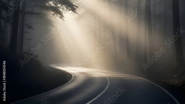 Obraz A serene and mysterious forest road with sunbeams shining through the trees on a foggy day