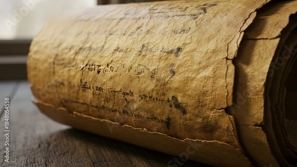 Obraz Closeup of a rolledup old parchment or papyrus on a wooden surface with visible stitching and texture