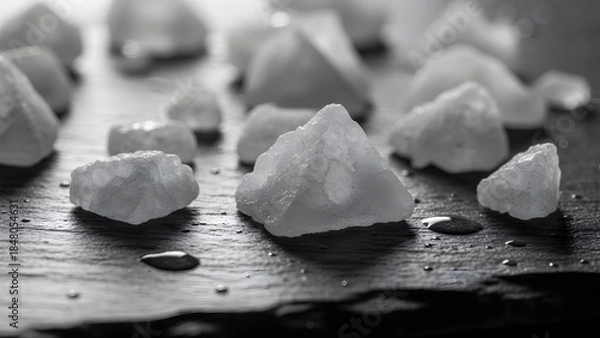 Obraz Black and white photo of small rough salt crystals on a dark wooden surface