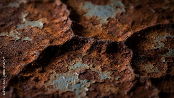 Obraz Closeup of rusty metal surface with peeling paint and corrosion, showing signs of wear and decay