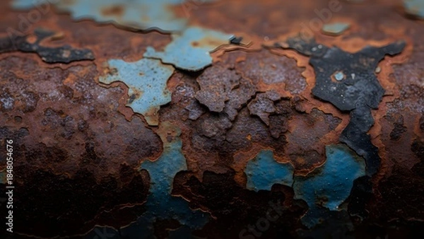 Obraz Closeup of rusty metal surface with peeling blue paint layers showing heavy corrosion and decay