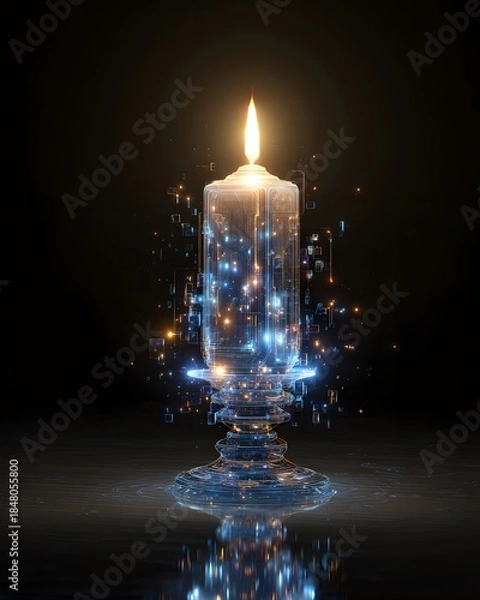 Fototapeta Luminous digital candle glowing with cyber reflections in a sleek futuristic holiday atmosphere