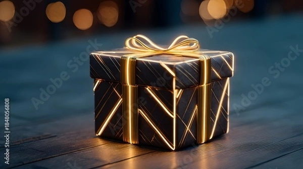 Fototapeta Luxurious gift box wrapped with glowing neon lines and warm festive reflections in a futuristic holiday concept