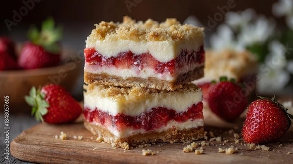 Fototapeta Close-up of stacked strawberry crumble bars, showcasing layers of fruit, creamy filling, and golden crumble. Wooden board & fresh strawberries