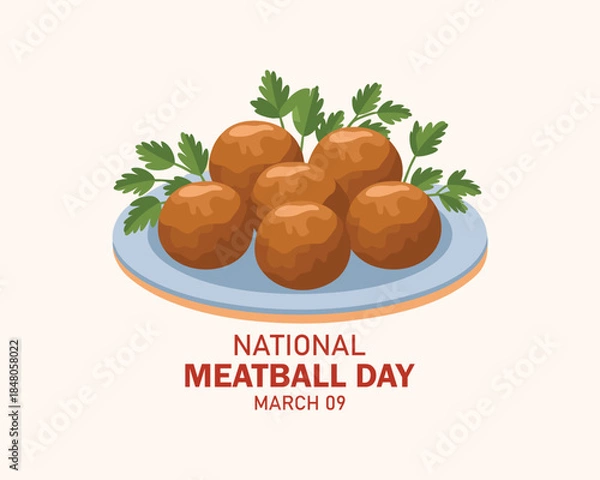 Fototapeta National Meatball Day vector. Meatballs with parsley on a plate icon vector. Meatball Day Poster, March 9. Important day