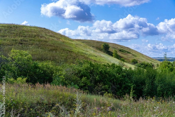 Fototapeta Hills with meadows and forests.