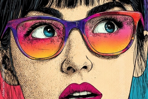 Fototapeta Bright colors highlight a woman with vibrant sunglasses and striking makeup looking towards the side in an artistic style