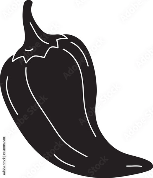Obraz Black and white silhouette of a chili pepper, simple outline graphic icon of a hot pepper vegetable