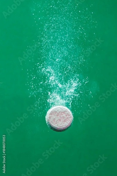 Fototapeta Effervescent tablet dissolving, isolated on green