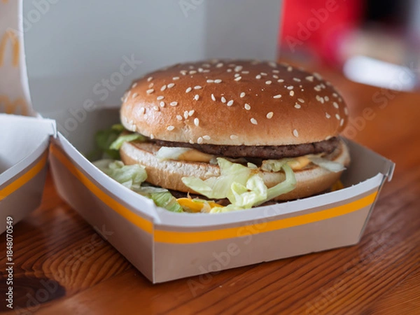 Obraz Classic Double Cheeseburger Served in Packaging