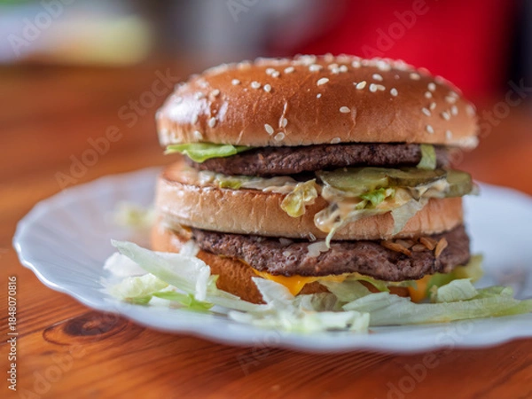 Obraz Delicious Double Layer Beef Burger on Plate