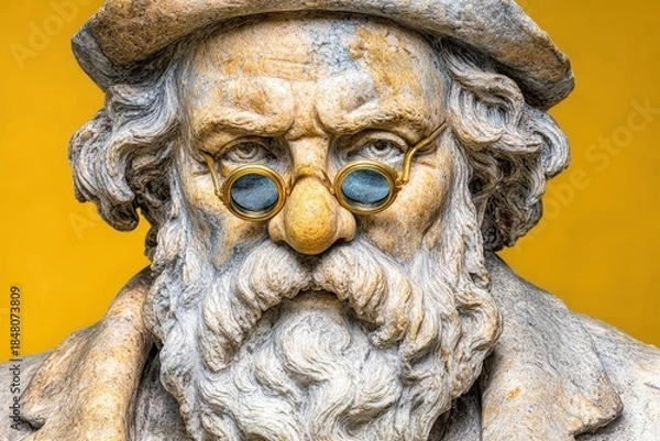 Fototapeta Sculpture of a man with glasses and a large nose, detail of facial features against a bright backdrop