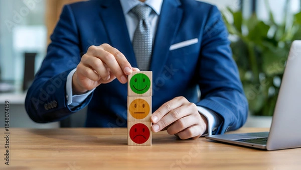 Obraz Businessman hand arranging wooden blocks with smiley face icons, customer satisfaction rating concept, positive feedback review, emotional intelligence, green happy emoji on top, service quality.