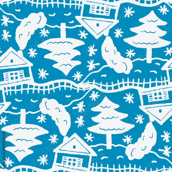 Obraz Monochrome seamless pattern with a winter village. Vector illustration.