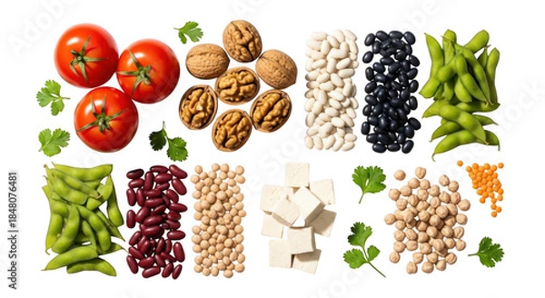 Obraz Assorted vegetarian food items arranged on white background