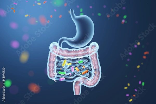 Fototapeta Digestive system x-ray with glowing probiotic bacteria for microbiome. 3D rendering