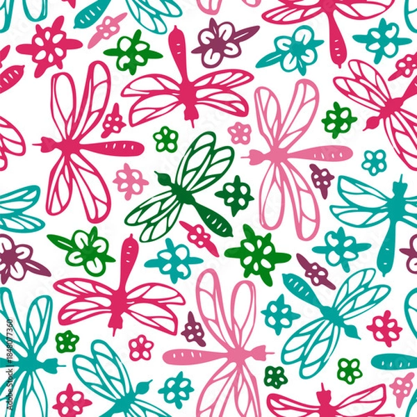 Obraz Seamless pattern with flying dragonflies. Vector illustration.