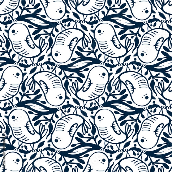 Obraz Monochrome seamless pattern with birds  in doodle style. Vector illustration.
