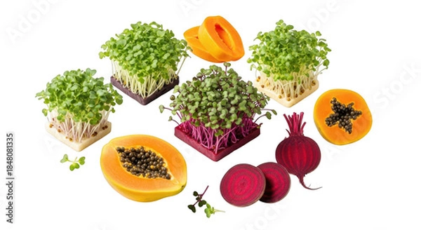 Obraz Fresh microgreens and vegetables on white background