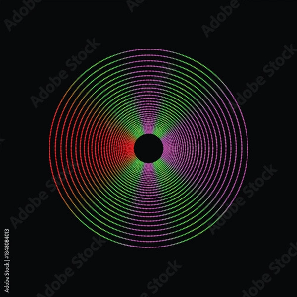 Obraz Colorful Concentric Ring Spiral Abstract Art With Rainbow Dots On Black Background