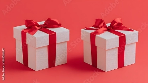 Fototapeta Two white gift boxes with red ribbons on a red background.