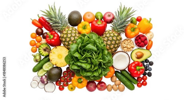 Obraz Fresh fruits and vegetables arranged in a vibrant display