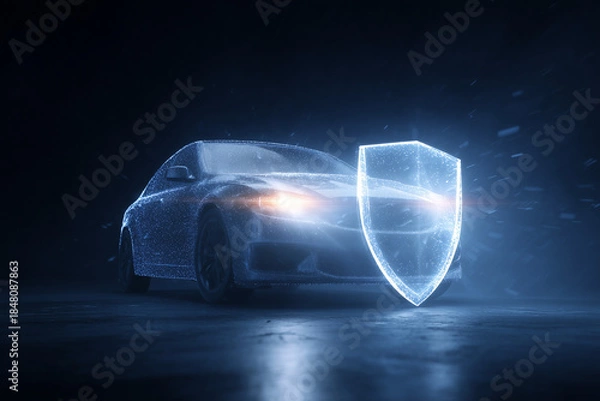 Obraz A car protected by a glowing digital shield concept.