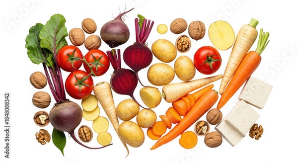 Obraz Fresh vegetables and nuts arranged on white background