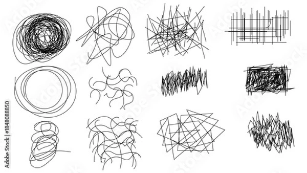 Fototapeta Random chaotic scribble lines collection pencil art set. Abstract random line scribble vector elements including various messy and random lines for design,	
