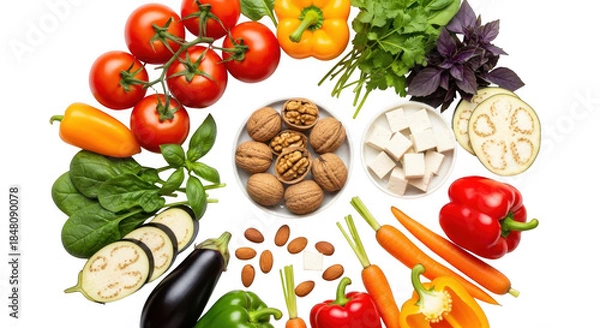 Obraz Assorted vegetables and nuts arranged in a circle