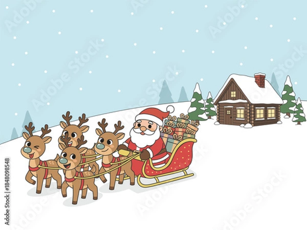 Obraz Santa Claus Riding Sleigh with Reindeer in Snowy Winter Christmas Scene, Vector Illustration