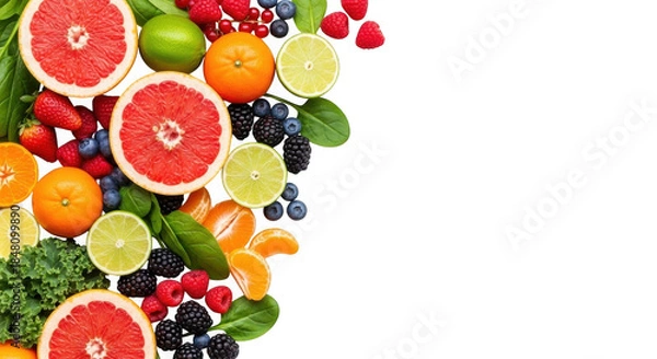 Obraz Fresh fruits and berries arranged on white background