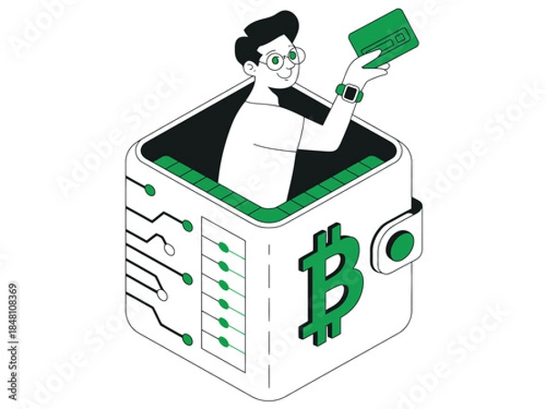 Obraz Cartoon Man Holding Bitcoin Device