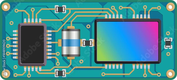 Fototapeta Illustration of a printed circuit board with microcontroller, display module, and components, representing embedded systems, electronics design, IoT hardware, and PCB engineering.